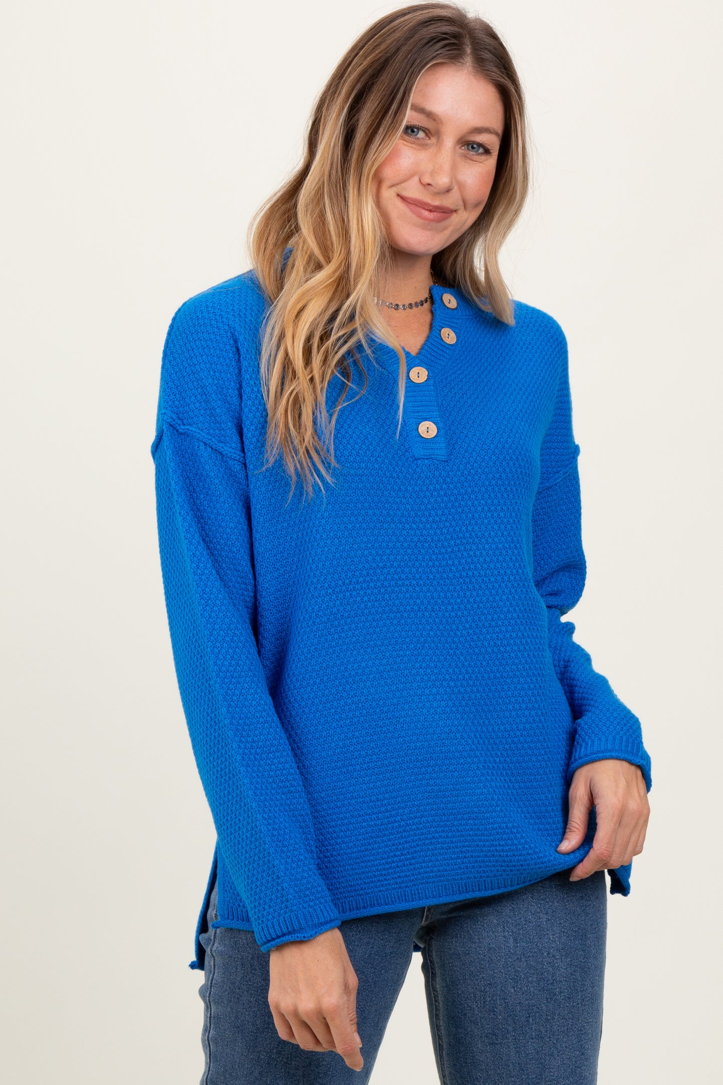 Blue Diamond Knit Button Detail Maternity Sweater