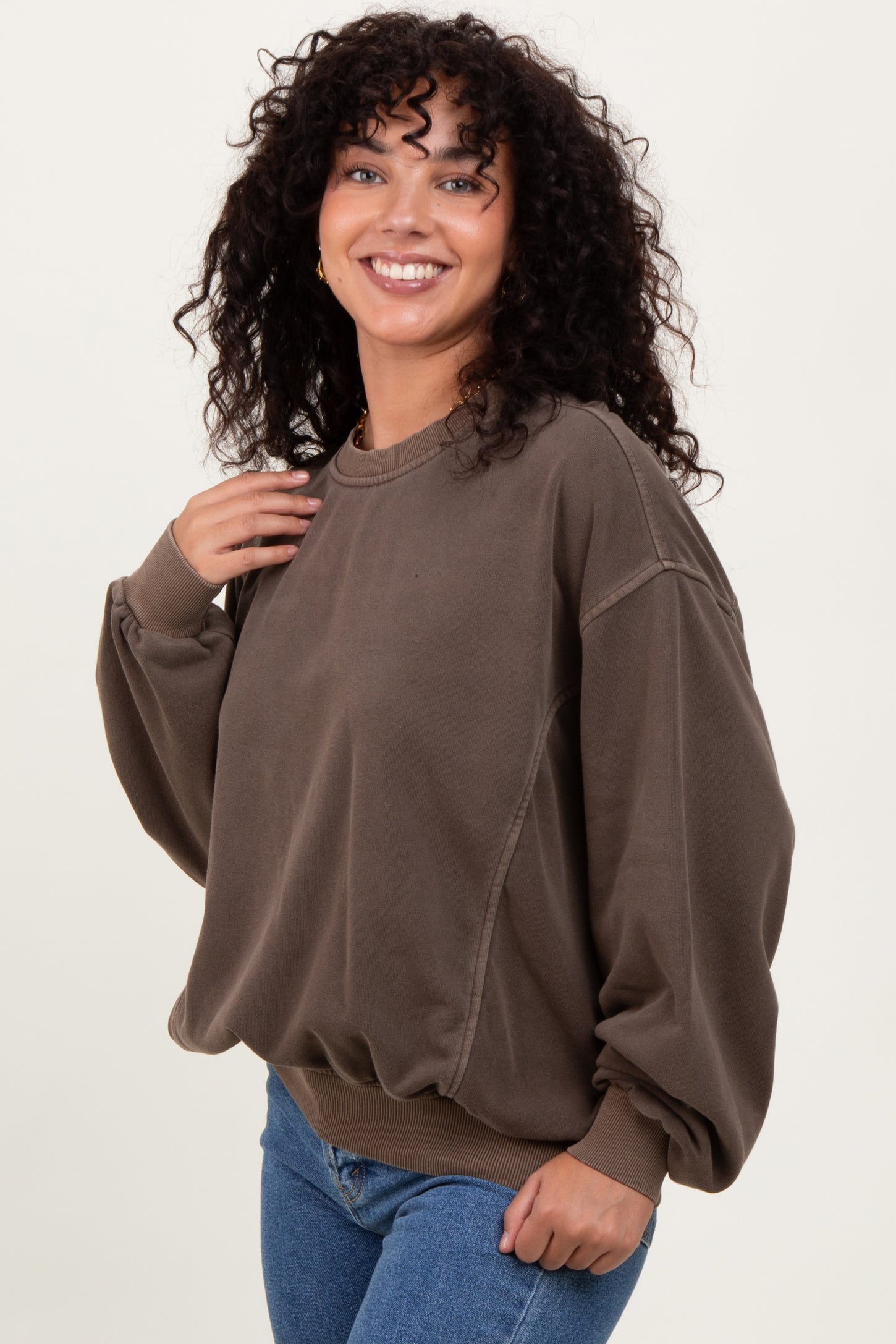 Brown Fleece Drop Shoulder Sweatshirt