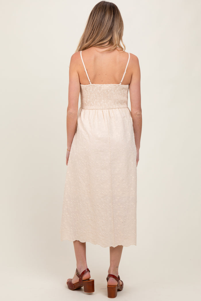 Cream Floral Embroidered Scallop Detail Maternity Midi Dress