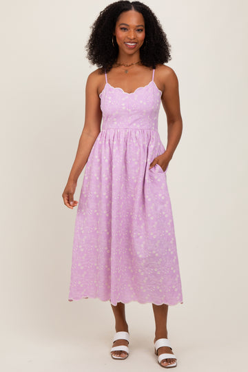 Lavender Floral Embroidered Scallop Detail Midi Dress