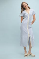 Light Blue Striped Button Down Maternity Midi Dress