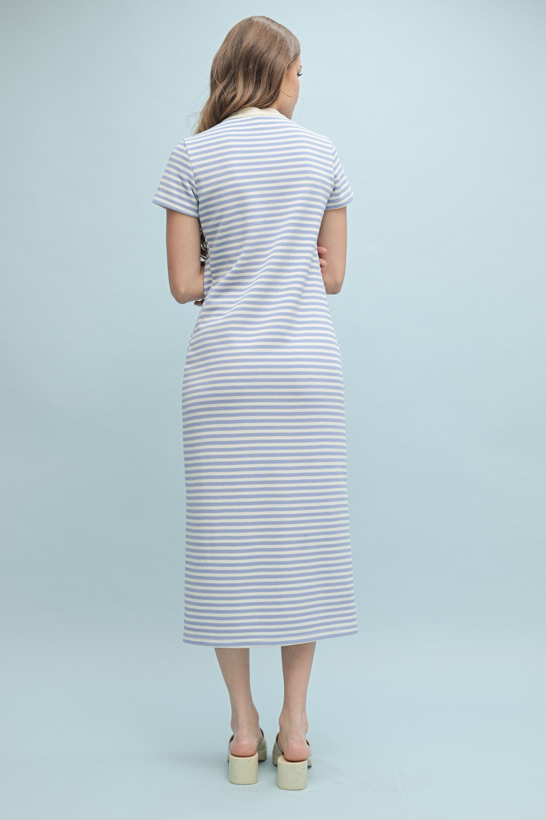 Light Blue Striped Button Down Midi Dress