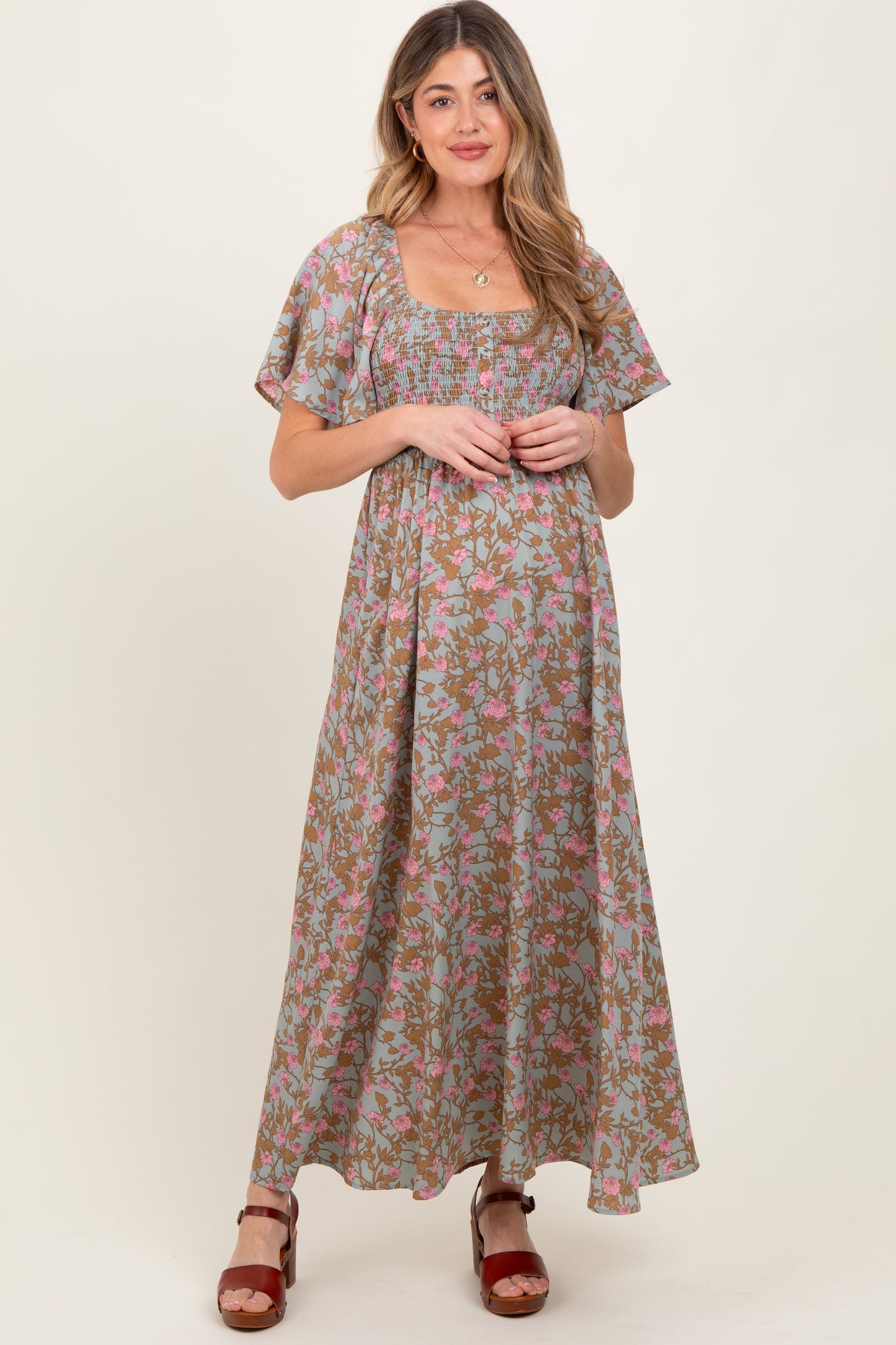 Blue Floral Smocked Flutter Sleeve Maternity Maxi Dress