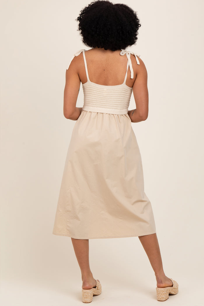 Cream Contrast Knit Bodice Midi Dress