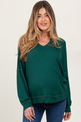 Forest Green Oversized V-Neck Waffle Knit Maternity Long Sleeve Top