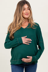 Forest Green Oversized V-Neck Waffle Knit Maternity Long Sleeve Top
