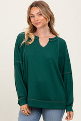 Forest Green Oversized V-Neck Waffle Knit Long Sleeve Top
