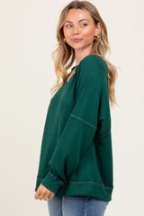 Forest Green Oversized V-Neck Waffle Knit Long Sleeve Top