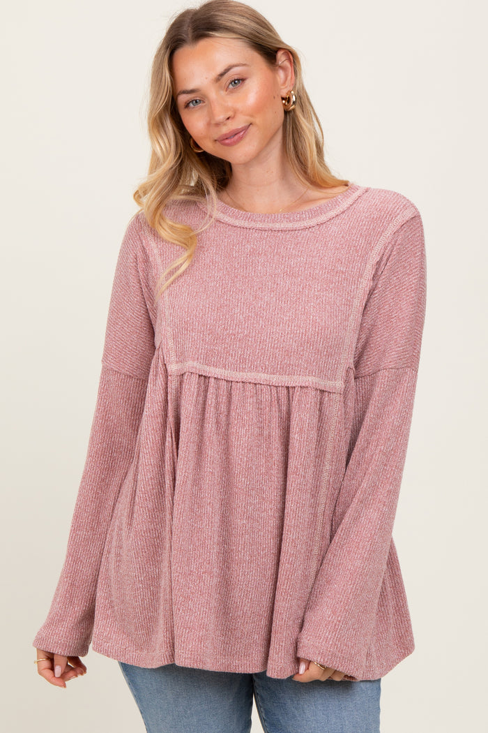 Mauve Ribbed Brushed Knit Oversized Long Sleeve Top