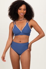 Blue Crochet Detail Double Strap Maternity Bikini Set
