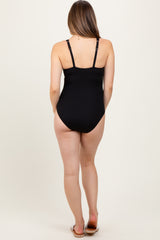 Black Ribbed Split Neckline Maternity Swimsuit
