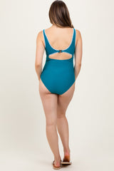 Teal Embroidered Trim Back Cutout One Piece Maternity Swimsuit