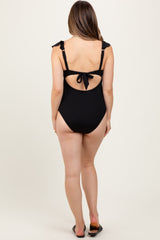 Black Ribbed Front Tie Cutout Ruched Maternity Swimsuit