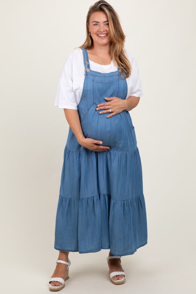Blue Chambray Overall Tiered Maternity Plus Midi Dress
