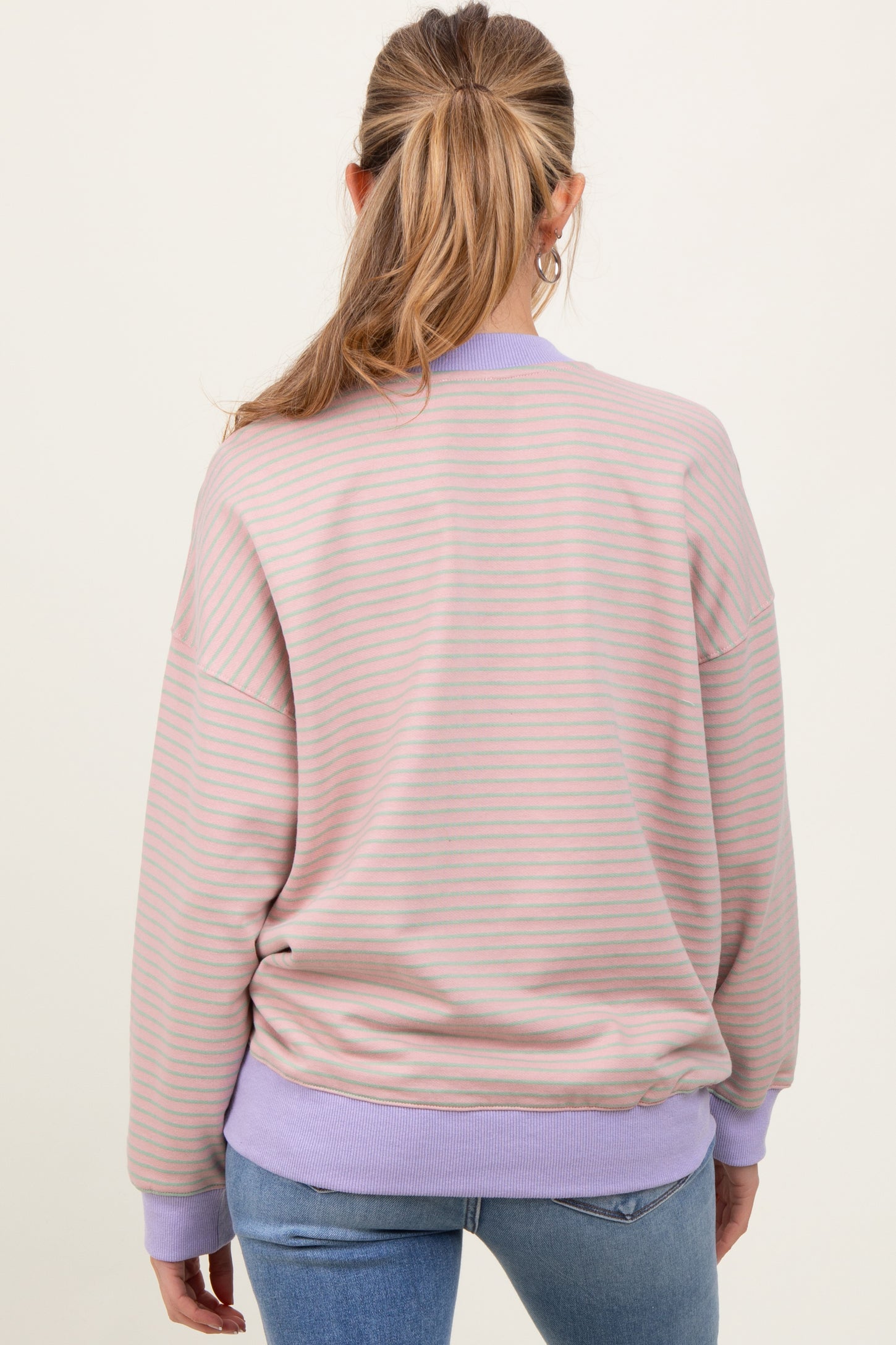 Light Pink Striped Crew Neck Oversized Maternity Sweatshirt