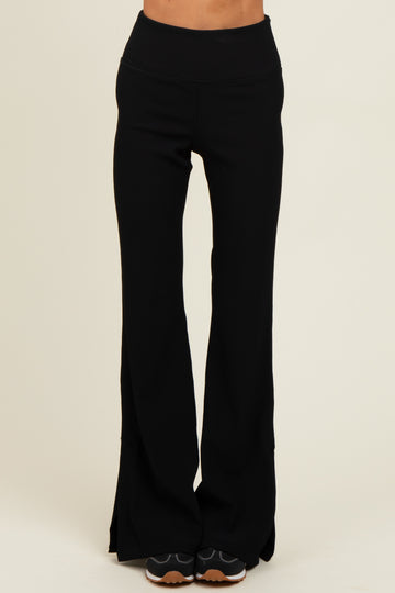 Black Ribbed Split Flare Leggings