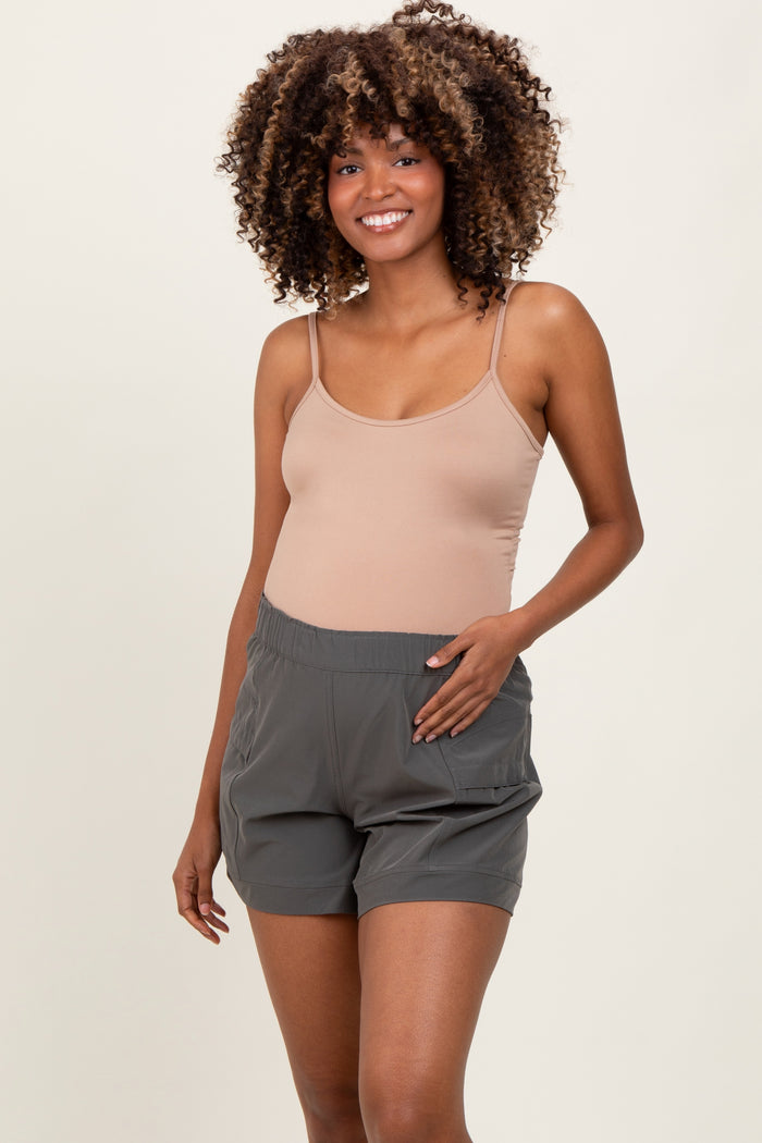 Olive Green Elastic Cargo Maternity Shorts