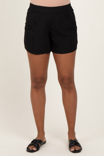 Black Elastic Cargo Maternity Shorts