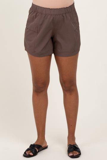 Brown Elastic Cargo Maternity Shorts