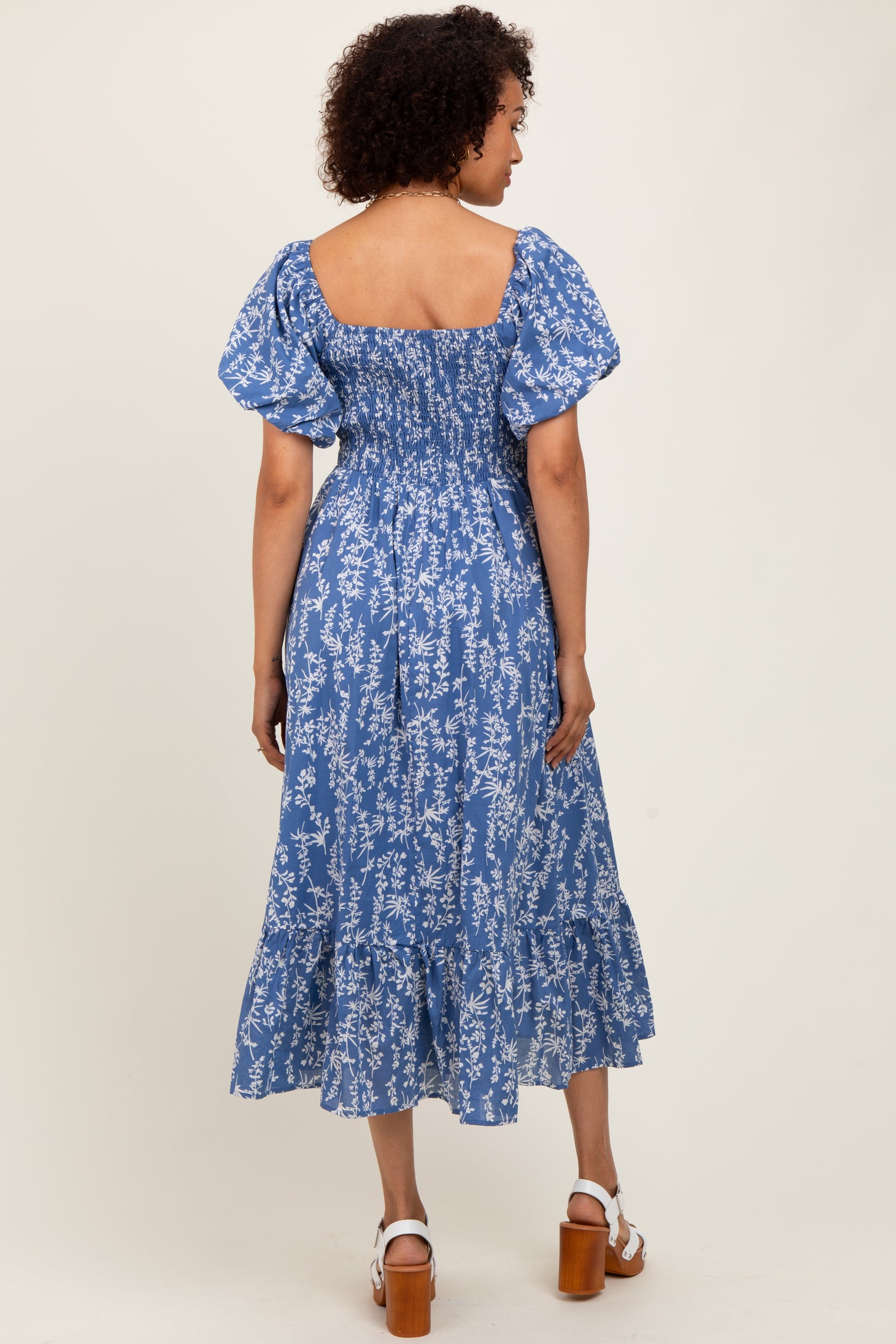Blue Leaf Print Smocked Midi Dress