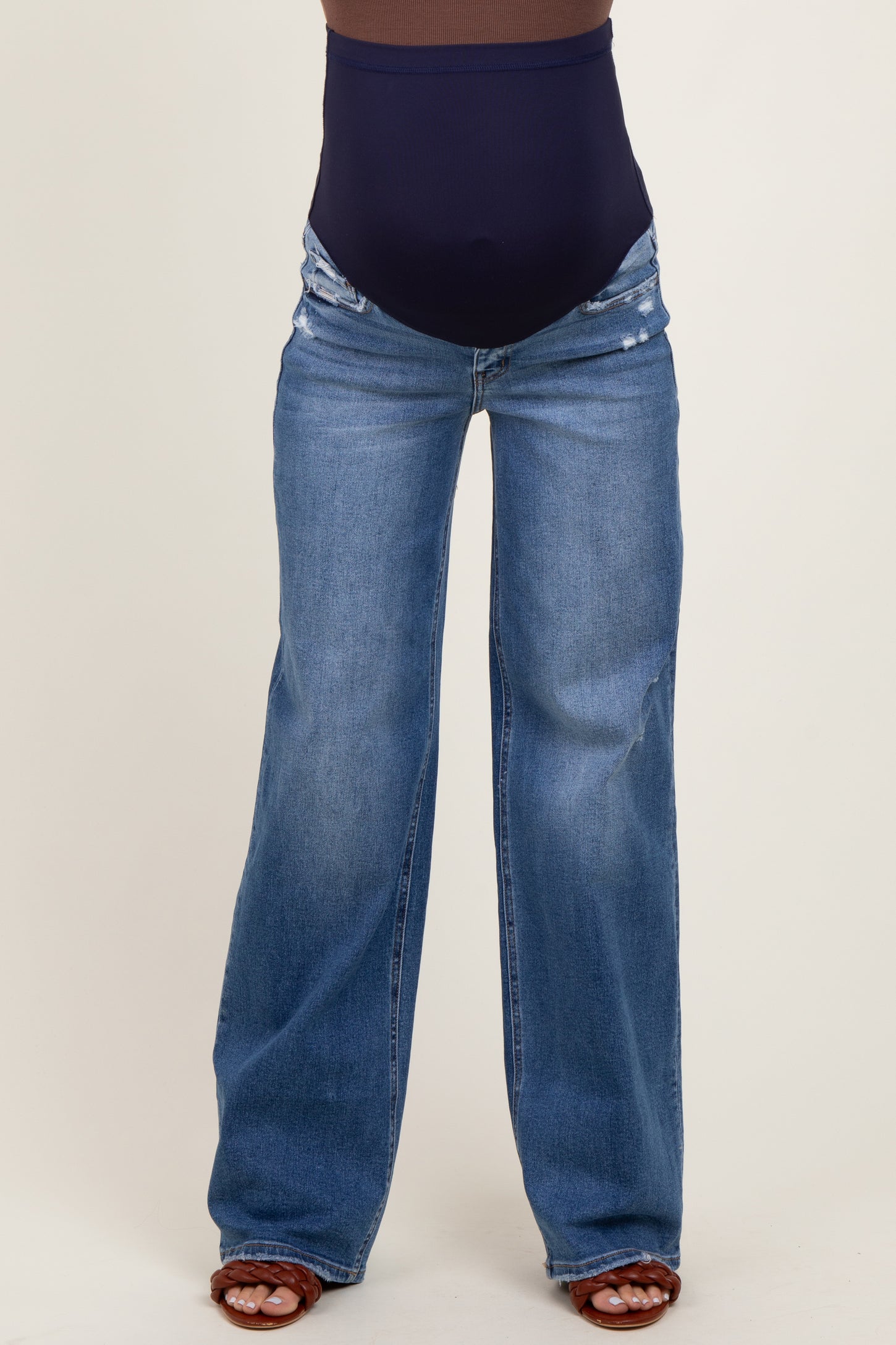 Blue Lightly Distressed Wide Leg Maternity Jeans
