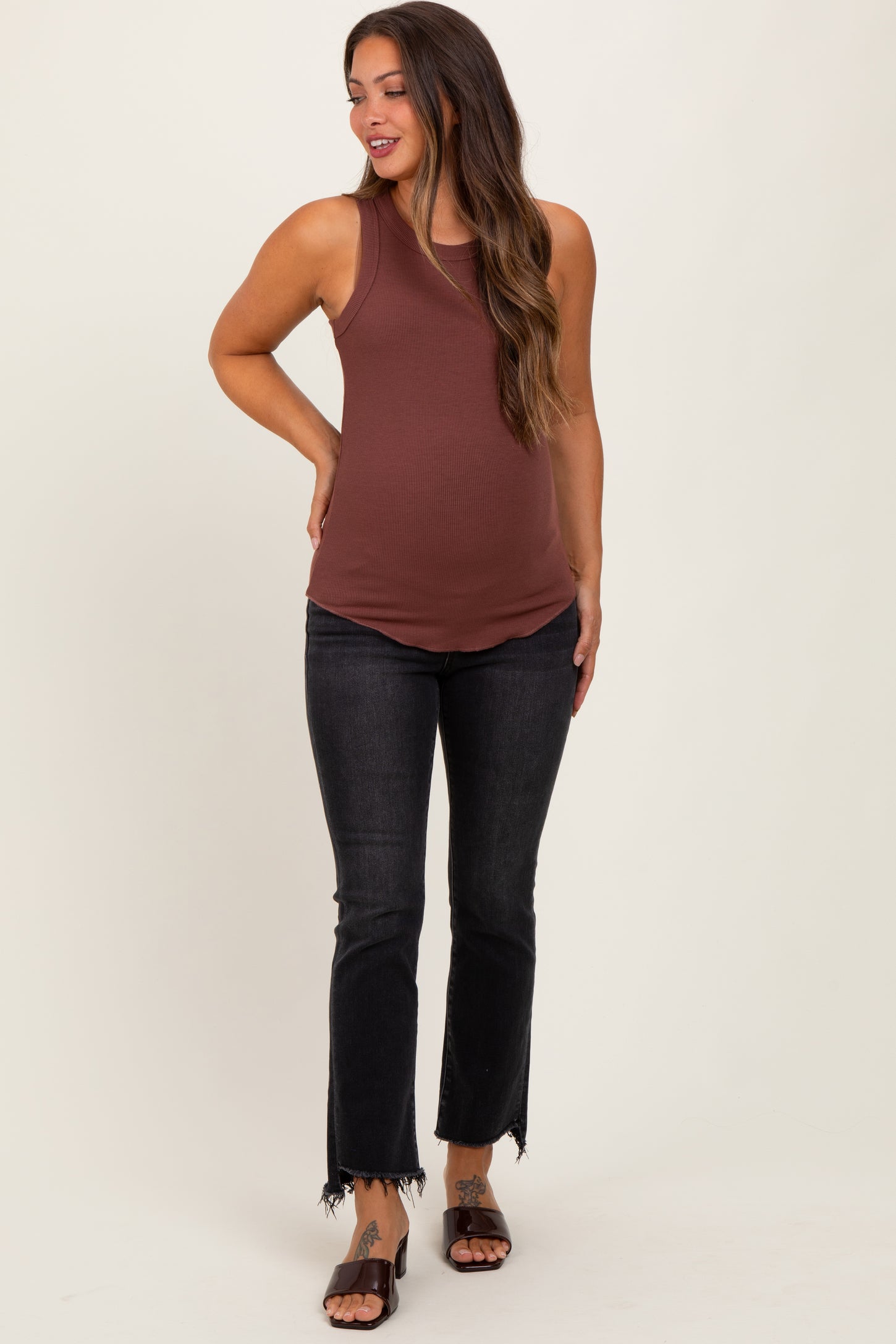 Black Washed Raw Hem Crop Flare Maternity Jeans