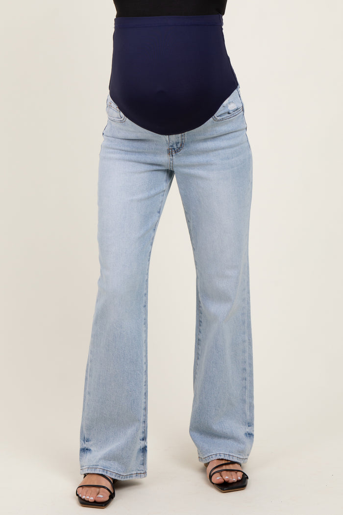 Light Blue Lightly Distressed Maternity Flare Jeans