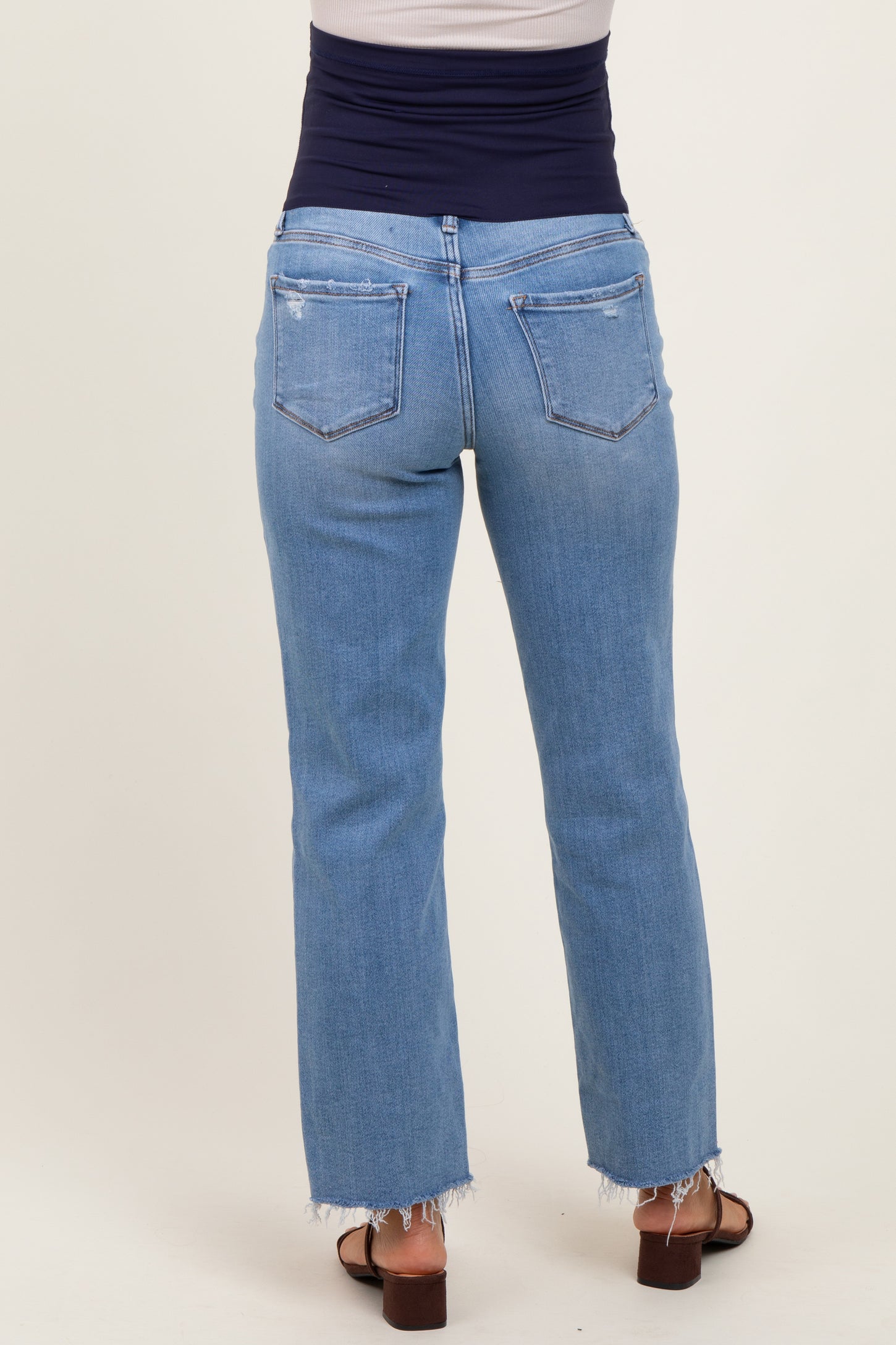Blue Distressed Raw Hem Maternity Straight Leg Ankle Jeans
