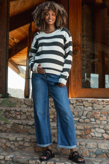 Navy Blue Cuffed Hem Wide Leg Cropped Maternity Jeans