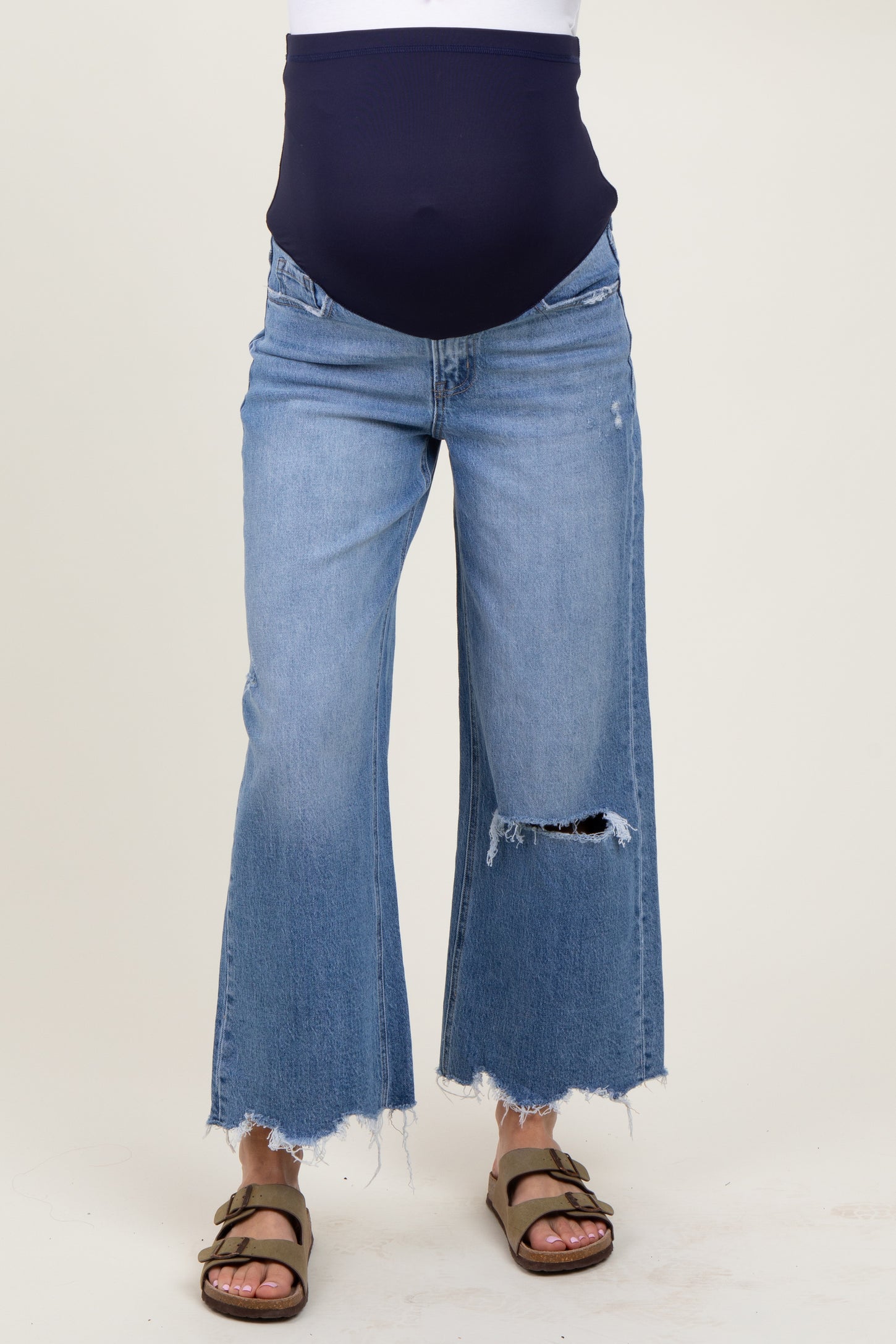Blue Distressed Fringe Open Knee Cropped Wide Leg Maternity Jeans