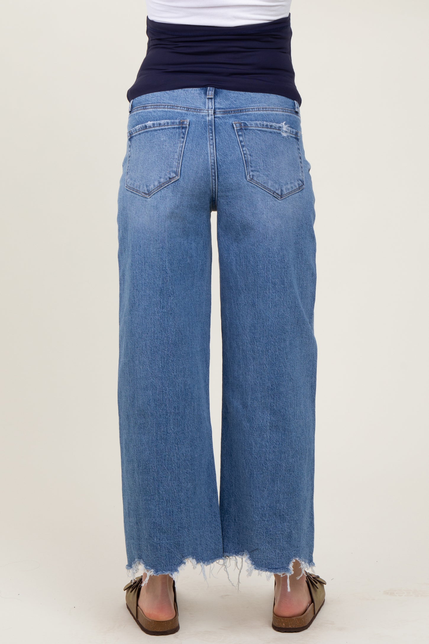 Blue Distressed Fringe Open Knee Cropped Wide Leg Maternity Jeans