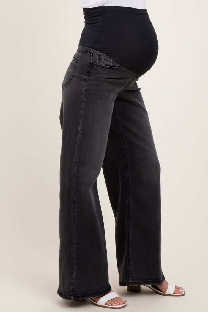 Black Washed Baggy Wide Leg Maternity Jeans