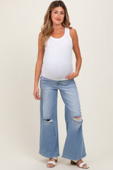 Light Blue Ripped Knee Baggy Wide Leg Maternity Jeans