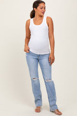 Light Blue Distressed Ripped Knee Straight Leg Maternity Jeans