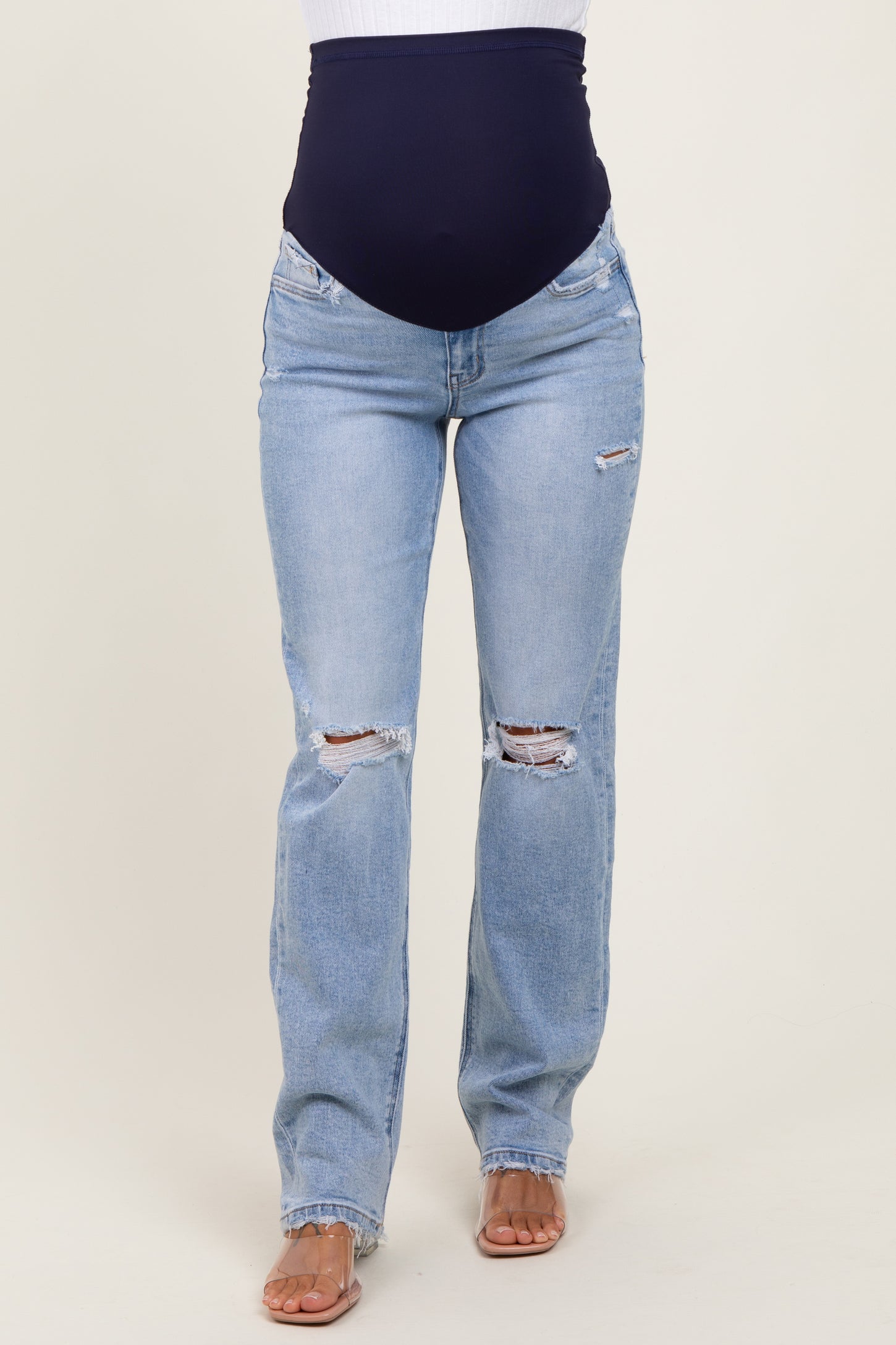 Light Blue Distressed Ripped Knee Straight Leg Maternity Jeans