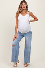 Light Blue Ripped Knee Uneven Raw Hem Wide Leg Maternity Jeans