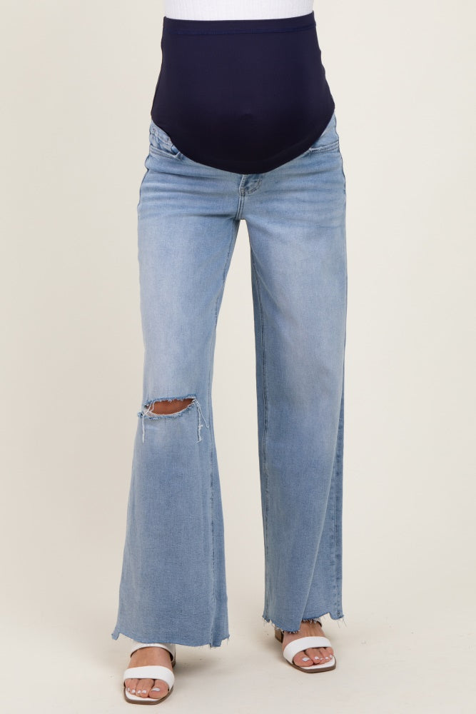 Light Blue Ripped Knee Uneven Raw Hem Wide Leg Maternity Jeans