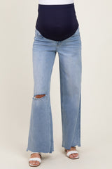 Light Blue Ripped Knee Uneven Raw Hem Wide Leg Maternity Jeans