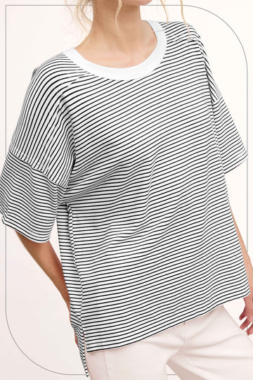 Black Striped Drop Shoulder Short Sleeve Top
