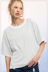 Heather Grey Striped Drop Shoulder Short Sleeve Top