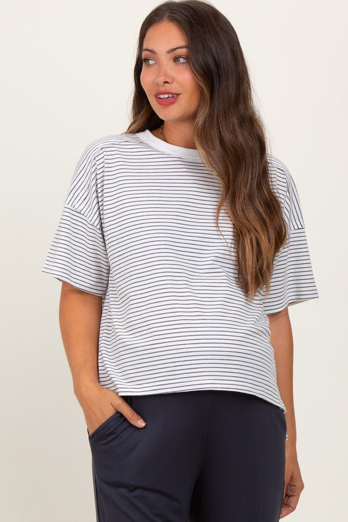 Heather Grey Striped Drop Shoulder Short Sleeve Maternity Top