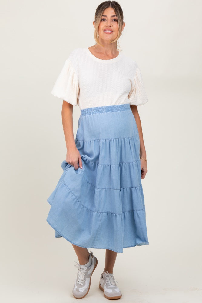 Light Blue Tiered Elastic Maternity Midi Skirt