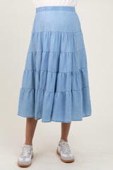 Light Blue Tiered Elastic Maternity Midi Skirt