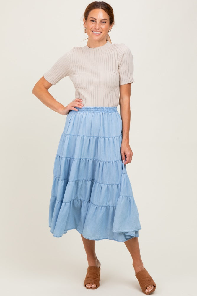 Light Blue Tiered Elastic Maternity Midi Skirt