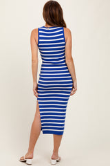 Royal Blue Striped Knit Sleeveless Side Slit Midi Dress