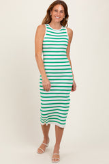 Green Striped Knit Sleeveless Side Slit Midi Dress