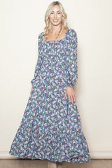 Blue Floral Reversible Long Sleeve Maxi Dress