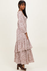 Cream Floral Asymmetrical Ruffle Hem Maxi Dress