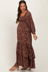 Brown Floral Asymmetrical Ruffle Hem Maternity Maxi Dress