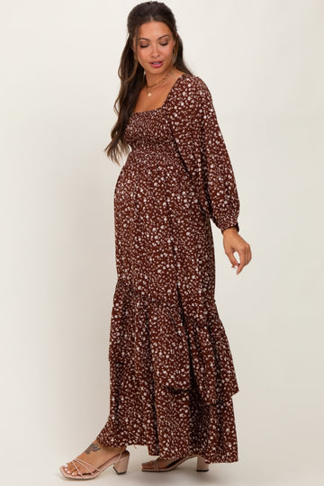 Brown Floral Asymmetrical Ruffle Hem Maternity Maxi Dress